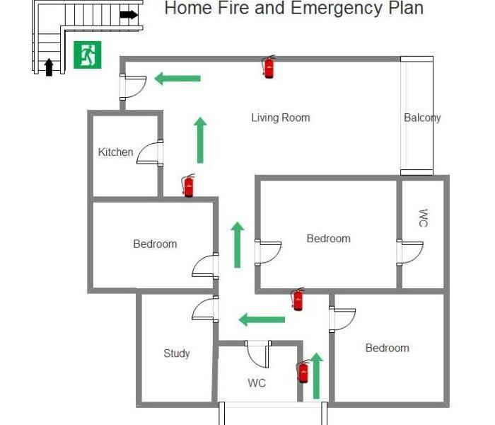 This image shows a map of a home and how to evacuate if there is a fire.
